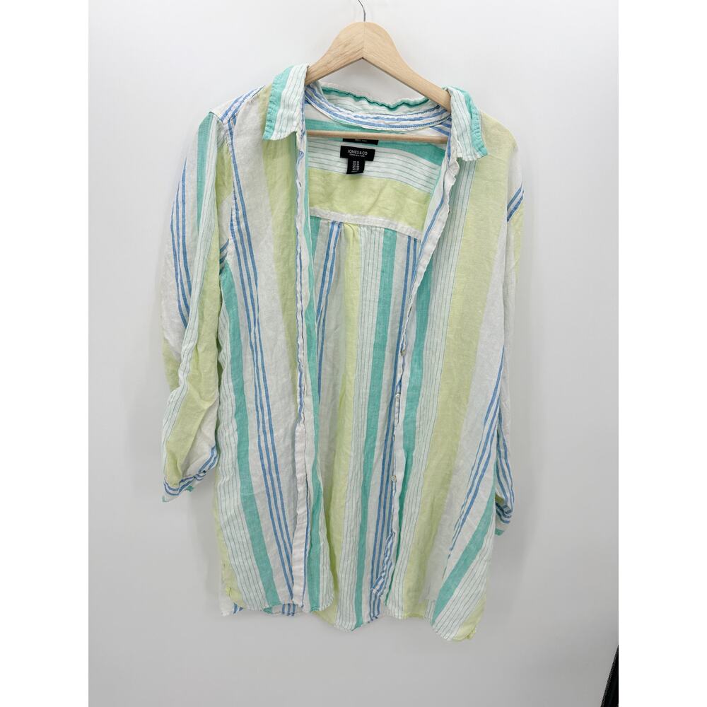 Jones‎ & Co Women 1X Blue Green Yellow Striped Linen Button Down Shirt Casual